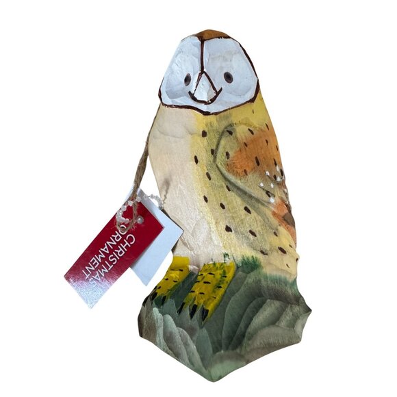 Hand-Carved Wooden Owl Christmas Ornament 4 1/4" High - Picture 2 of 8